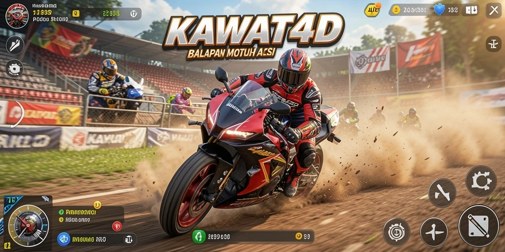 Tampilan gameplay KAWAT4D yang menegangkan dan penuh aksi balapan motor.