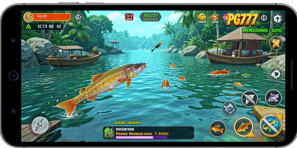 Tampilan gameplay PG777 yang seru dengan berbagai ikan dan lokasi memancing.