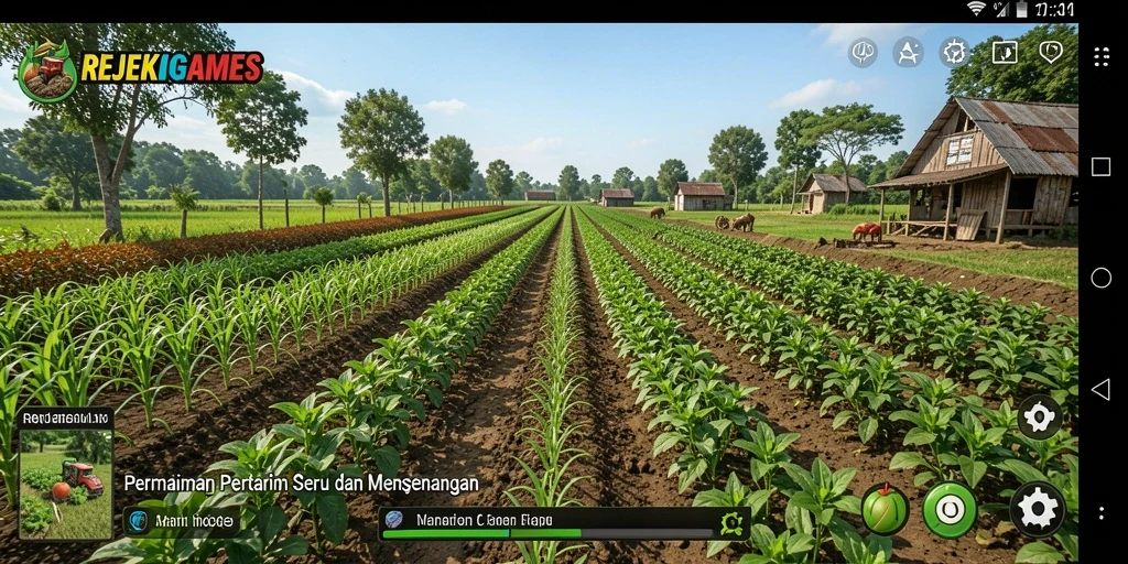 Tampilan gameplay menarik REJEKIGAMES dengan ladang yang hijau dan berwarna-warni.