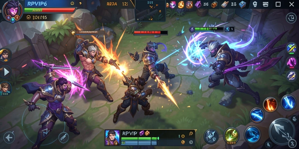 Screenshot gameplay RPVIP6 yang intens di arena MOBA.