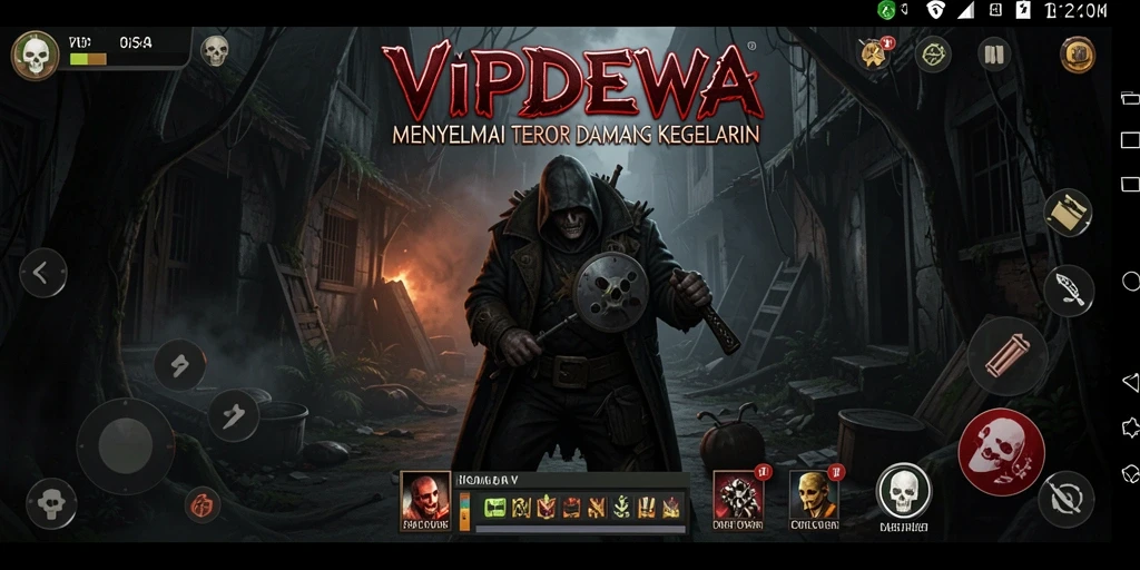 Screenshot utama VIPDEWA menampilkan suasana mencekam dengan pencahayaan redup dan elemen Horror.
